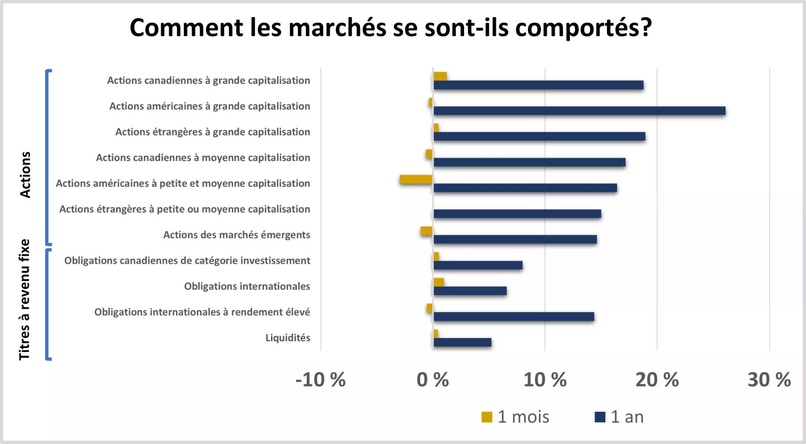  Performances des marchés d'actions et de titres à revenu fixe au cours du mois et de l'année précédents.
