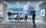 Employees talk together in a conference room of a modern office building.