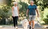 couple walking with their dog